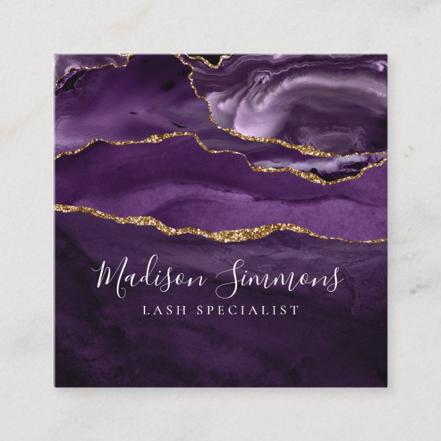 Cartão De Visita Quadrado Script de Monograma de Geodo Dourado Violeta Roxo (Frente)