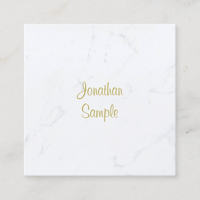 Cartão De Visita Quadrado Script Dourado de Mármaco Branco Elegante Simples  (Frente)
