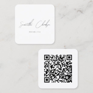 Cartão De Visita Quadrado Script e código QR preto simples e preto