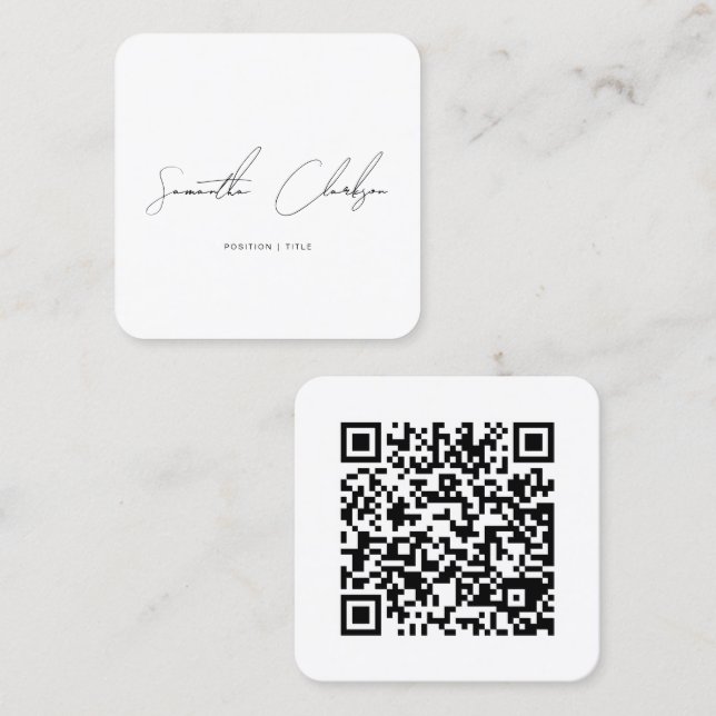 Cartão De Visita Quadrado Script e código QR preto simples e preto (Frente/Verso)