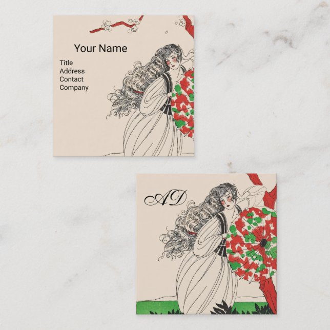 Cartão De Visita Quadrado SENHORA COM A Arte UMBRELLA Deco Cabelo da Moda (Frente/Verso)