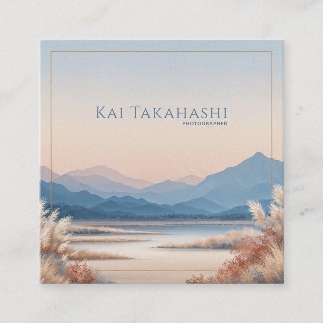 Cartão De Visita Quadrado Serene Desert Pampas Grass Gold Frame Mountain (Frente)