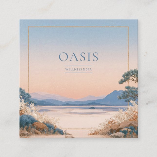 Cartão De Visita Quadrado Serene Peach Blue Landscape Gold Frame Artistic (Frente)