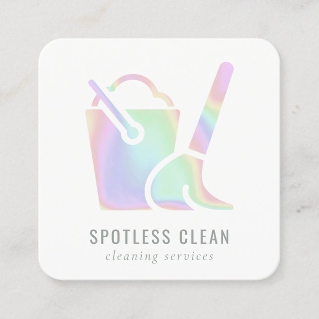 Cartão De Visita Quadrado Serviço de Limpeza de Broom de Balde Holográfico (Frente)