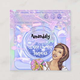 Cartão De Visita Quadrado Serviço de Limpeza de Lavagem de Secagem Holografi