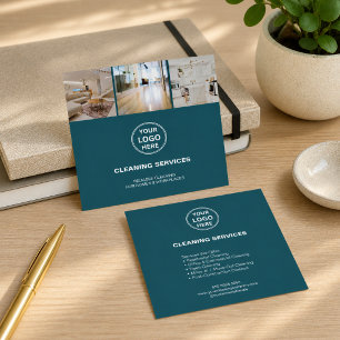 Cartão De Visita Quadrado Serviços de Limpeza Azul Moderno Logotipo Foto