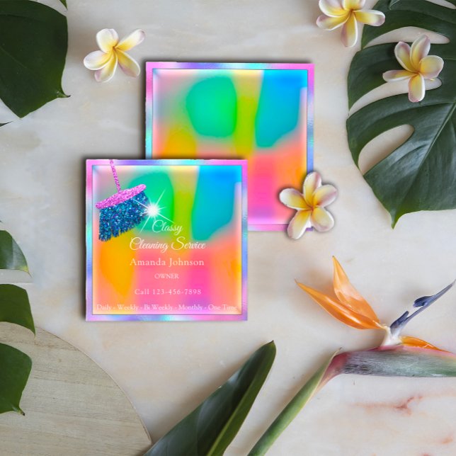 Cartão De Visita Quadrado Serviços de Limpeza Clássica Brilhante Rosa Dourad (Classy Cleaning Services Ombre Pink Gold Glitter Square Business Card)