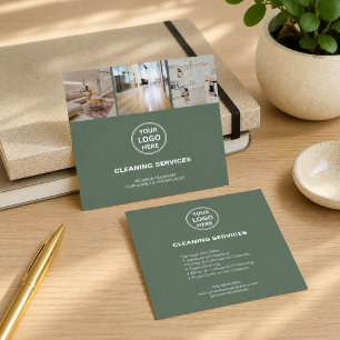 Cartão De Visita Quadrado Serviços de Limpeza Modernos Logotipo com Foto Ver