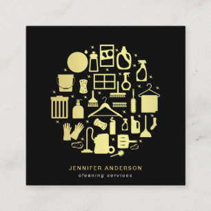 Cartão De Visita Quadrado Serviços Modernos De Limpeza Dourada E Preta