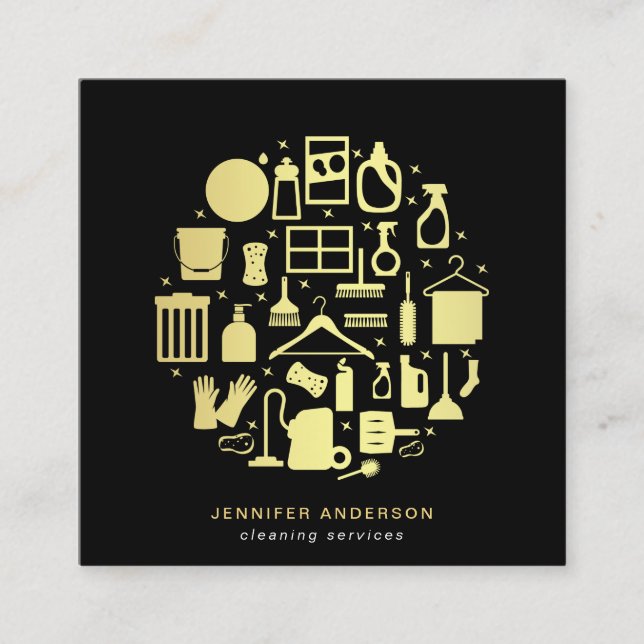 Cartão De Visita Quadrado Serviços Modernos De Limpeza Dourada E Preta (Frente)