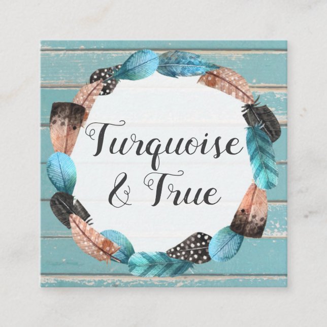 Cartão De Visita Quadrado Seta De Madeira E Penas De Turquesa Russa Boho Chi (Frente)