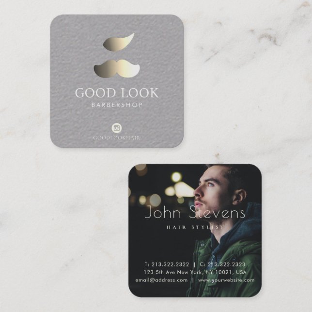 Cartão De Visita Quadrado Silver Metálico e Barbeiro Ouro do Cabelo do bigod (Frente/Verso)