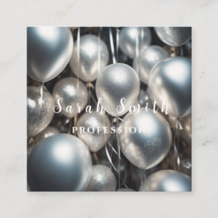 Cartão De Visita Quadrado Silver Shiny Balloons Party Glitter