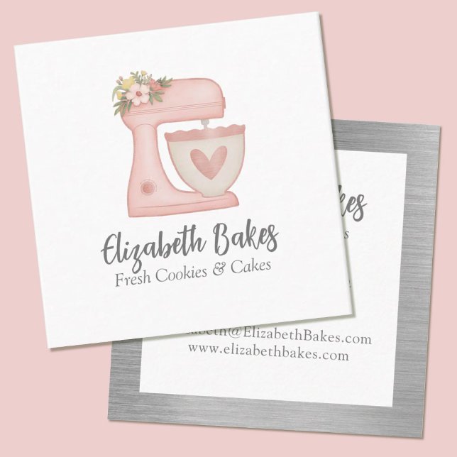 Cartão De Visita Quadrado Simple Mixer Floral Cake Bakery Business Card (A cute floral Pink mixer bakery business card. Personalize it with your information.)