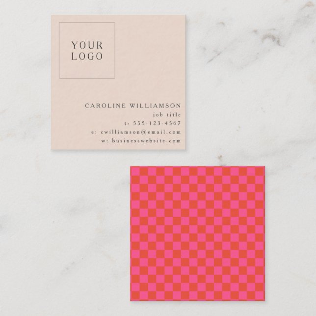 Cartão De Visita Quadrado Simple Modern Pink Checkerboard Your Logo Custom (Frente/Verso)