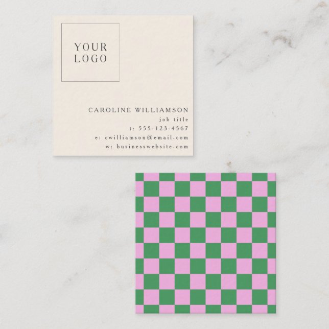 Cartão De Visita Quadrado Simple Pink Green Checkerboard Your Logo Custom (Frente/Verso)