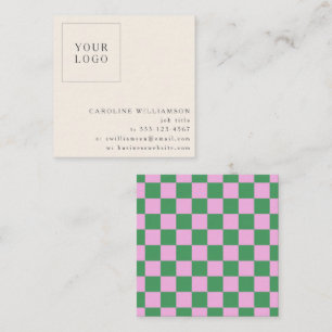 Cartão De Visita Quadrado Simples Xadrez Rosa Verde Seu Logotipo Personaliza