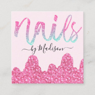 Cartão De Visita Quadrado Smalte com Brilho Rosa Glam Gotas de Unhas Salão d