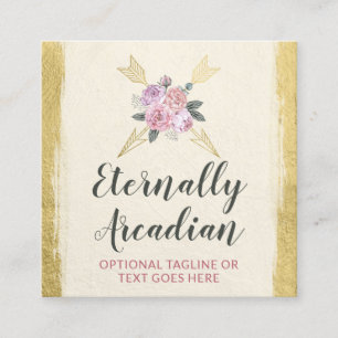 Cartão De Visita Quadrado Social Dourado de Boho das setas florais boémias