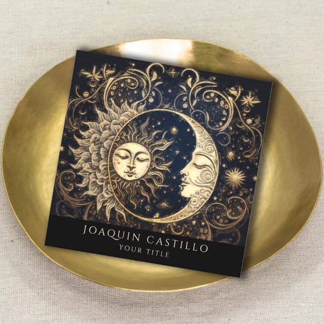Cartão De Visita Quadrado Sol Dourado e Holístico Lua Negra (Criador carregado)