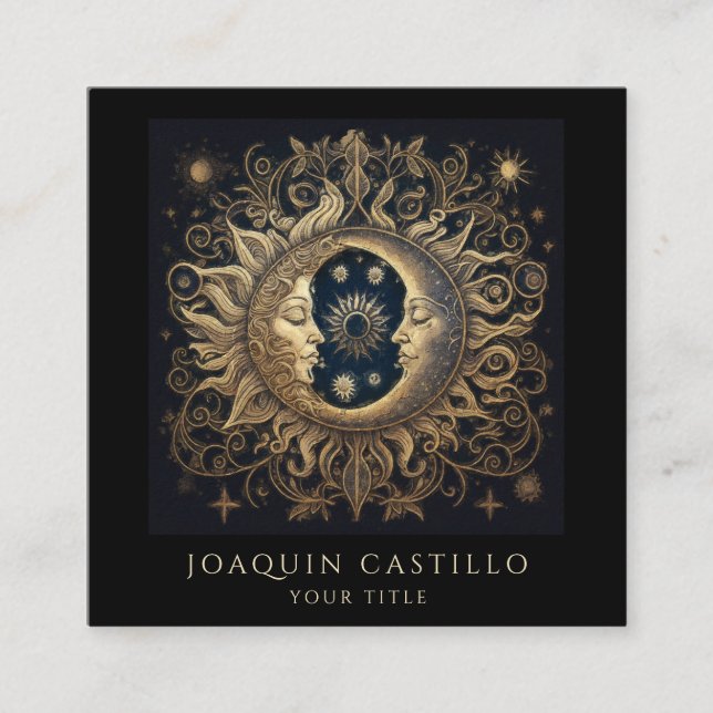 Cartão De Visita Quadrado Sol Dourado e Holístico Lua Negra (Frente)