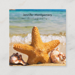 Cartão De Visita Quadrado Starfish e Seashells na praia