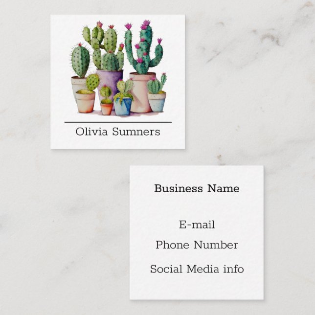 Cartão De Visita Quadrado Sucultivos cactos de aquarela branca em potes (Frente/Verso)