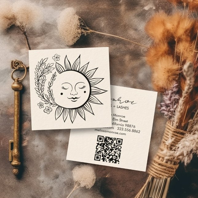 Cartão De Visita Quadrado Sun Floral Boho Line Art Elegante Código QR Creme (Custom business cards with QR code, decorated with a sun and floral pattern. Add your own details)