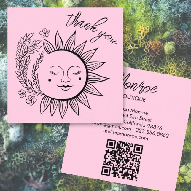 Cartão De Visita Quadrado Sun Floral Boho OBRIGADO SEU Elegante Código QR Ro (Thank you for your order card with botanical sun logo design and custom QR code in pink)