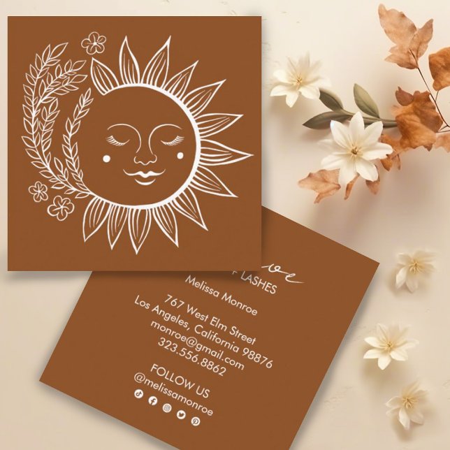 Cartão De Visita Quadrado Sun Flowers Boho Line Art Earthy Social Media (Pretty boho herbs and floral sun line art. Edit the text and social icons to suit your needs & shine)
