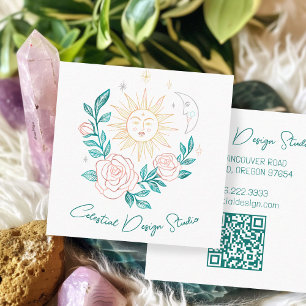 Cartão De Visita Quadrado Sun Moon e Rosas Magical Boho Colorido QR PERSONAL