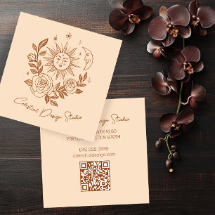 Cartão De Visita Quadrado Sun Moon e Rosas Magos Boho Terrestre QR PERSONALI