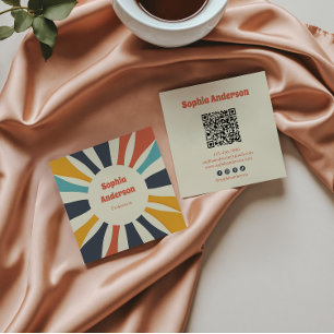 Cartão De Visita Quadrado Sunburst Colorido Retroativo com Código QR - Elega