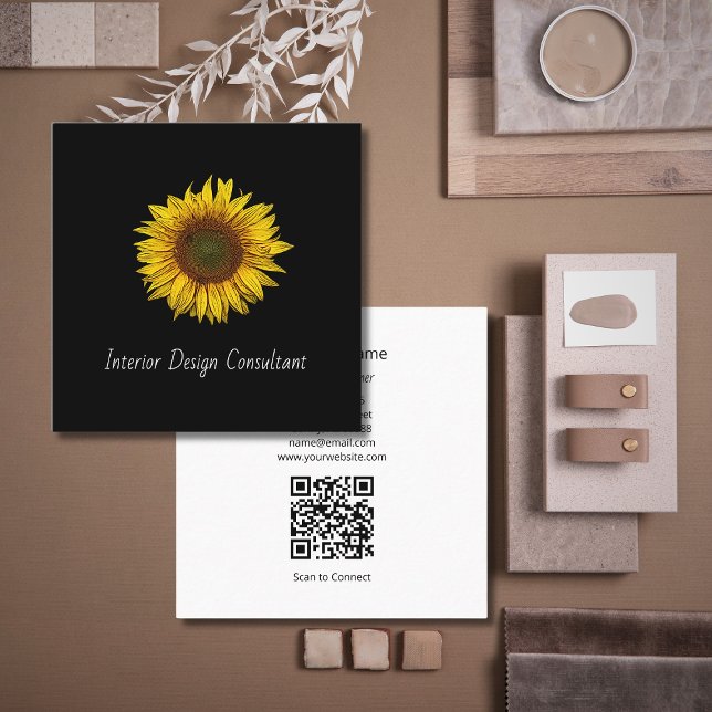 Cartão De Visita Quadrado Sunflower QR code Interior Designer Black White  (Criador carregado)
