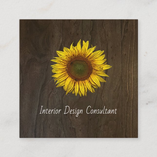 Cartão De Visita Quadrado Sunflower QR code Interior Designer Rustic Wood (Frente)