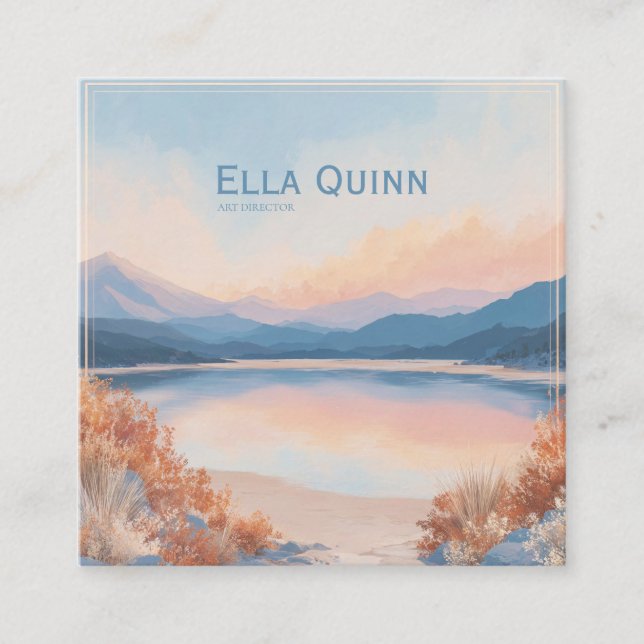 Cartão De Visita Quadrado Sunset Lake Landscape Coral Pink Modern (Frente)