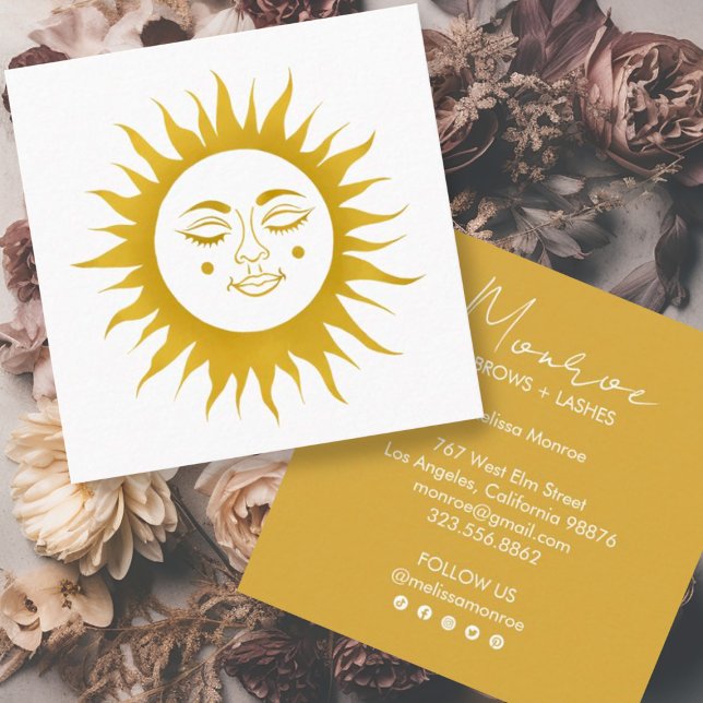 Cartão De Visita Quadrado Sweet Sunshine Boho Line Arte Mídia Social Dourada (Sweet sunshine decorates this custom golden business card. Add your own text, change font, edit icon)