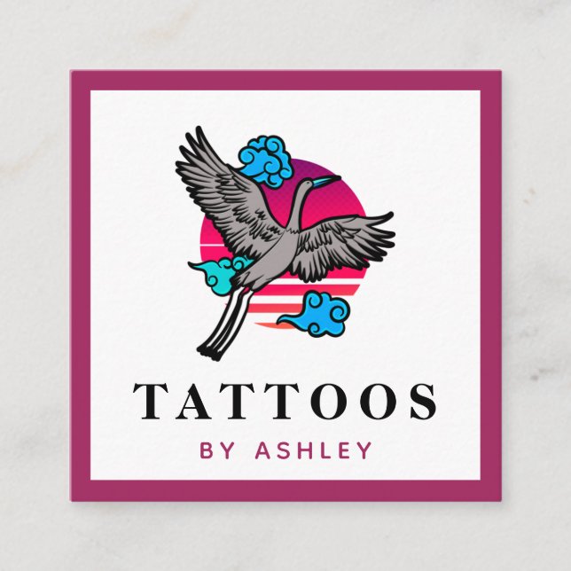 Cartão De Visita Quadrado Tatuador de Ilustração de Crane Japonês Funky (Frente)