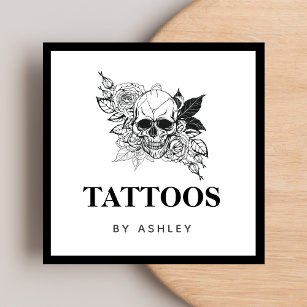 Cartão De Visita Quadrado Tatuador Gótico Floral Crânio Negro e Branco