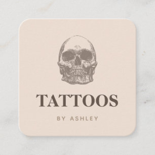 Cartão De Visita Quadrado Tatuagem Artista Mídia Social Crânio Beige Moder