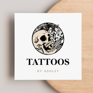 Cartão De Visita Quadrado Tatuagem Artista Mídia Social Crânio e Plantas Mod