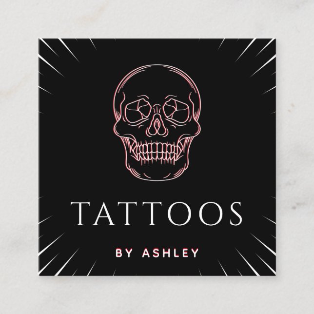 Cartão De Visita Quadrado Tatuagem Artista Neon Skull Mínima Mídia Social Cu (Frente)