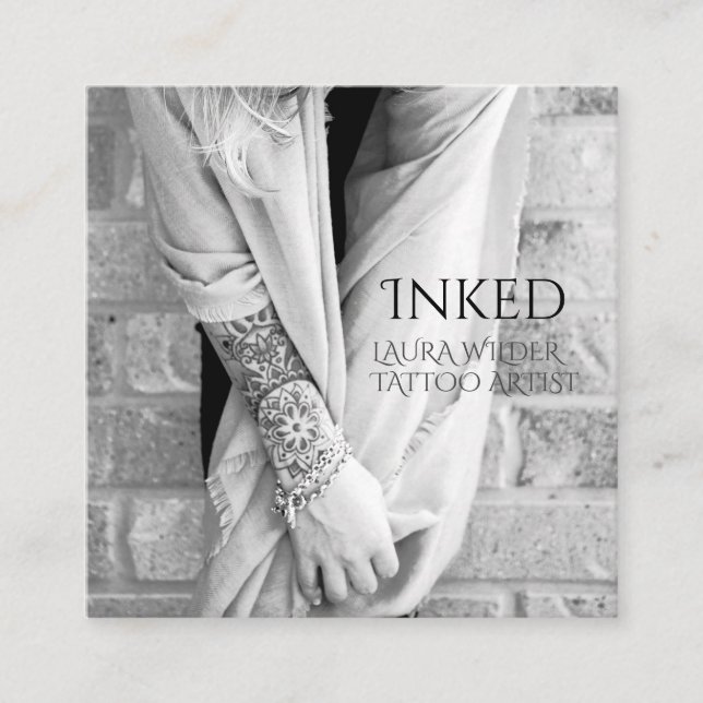 Cartão De Visita Quadrado Tatuagem Artista Preto White Foto Personalizada (Frente)