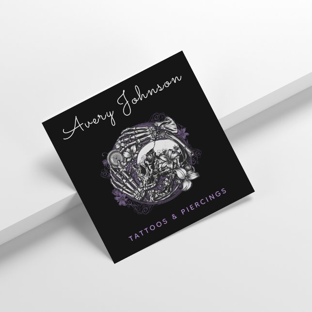 Cartão De Visita Quadrado Tatuagem do Crânio Gótico Floral (Criador carregado)