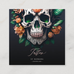 Cartão De Visita Quadrado Tatuagem Moderna Rosas vermelhas Crânio Verde
