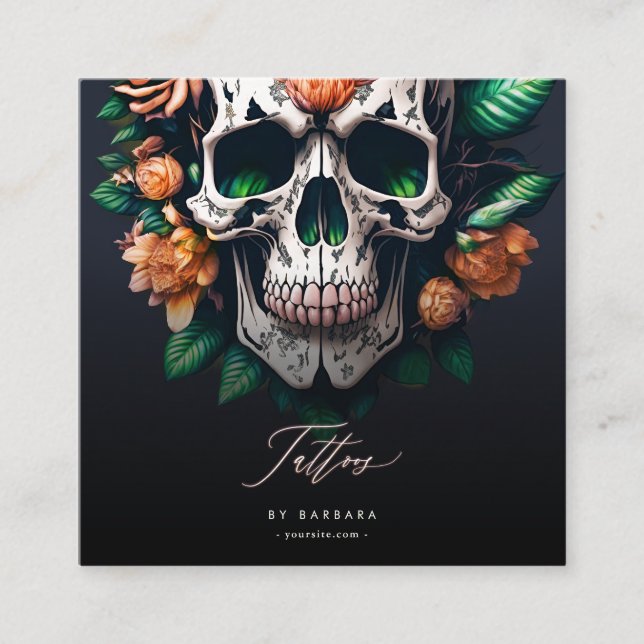Cartão De Visita Quadrado Tatuagem Moderna Rosas vermelhas Crânio Verde (Frente)