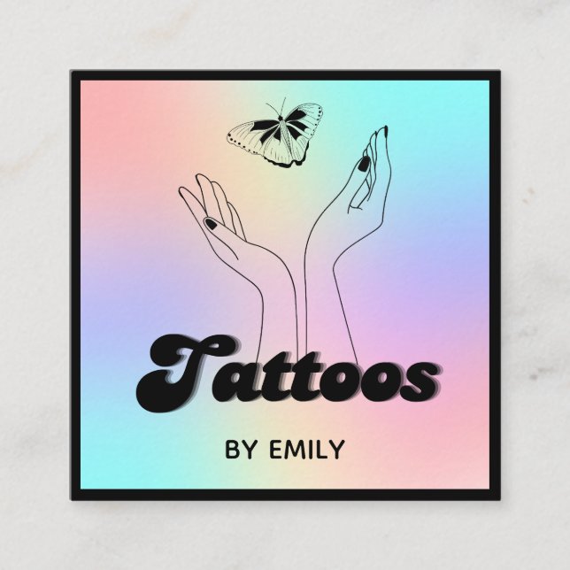 Cartão De Visita Quadrado Tatuagem Salon Mystical Butterfly Holographic (Frente)