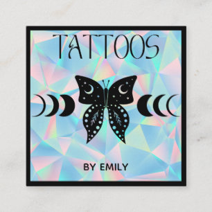 Cartão De Visita Quadrado Tatuagem Salon Mystical Butterfly Holographic