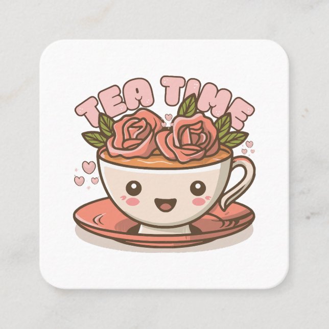 Cartão De Visita Quadrado Tea Time Rosa Tea Kawaii (Frente)