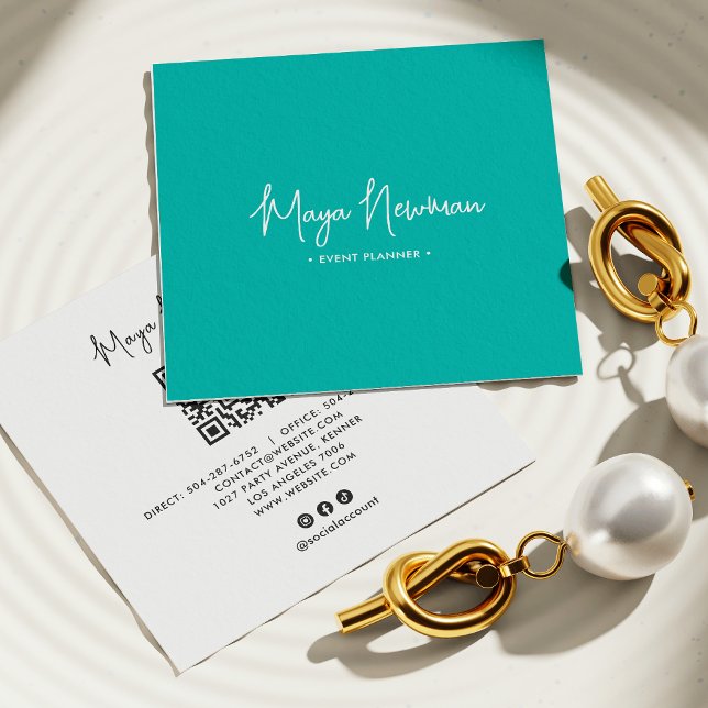 Cartão De Visita Quadrado TEAL BLUE Moderno CHIC Código QR Mínimo (Criador carregado)